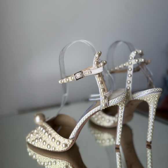 Like New Jimmy Choo Sacora 100 White Satin Sandals with All Over Pearls 38 - Picture 7 of 16